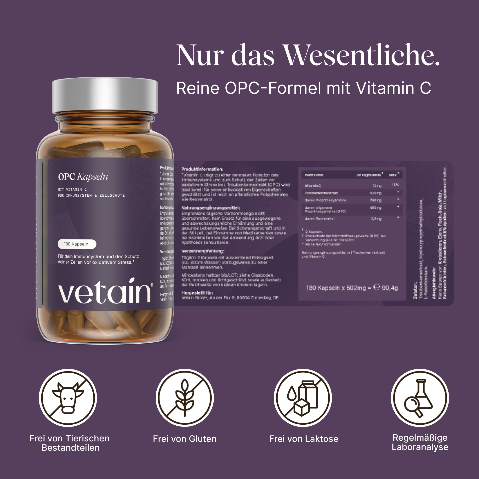 Vetain OPC Kapseln Flasche mit Informationen und Siegeln: Frei von tierischen Bestandteilen, Gluten, Laktose, laborgeprüft.