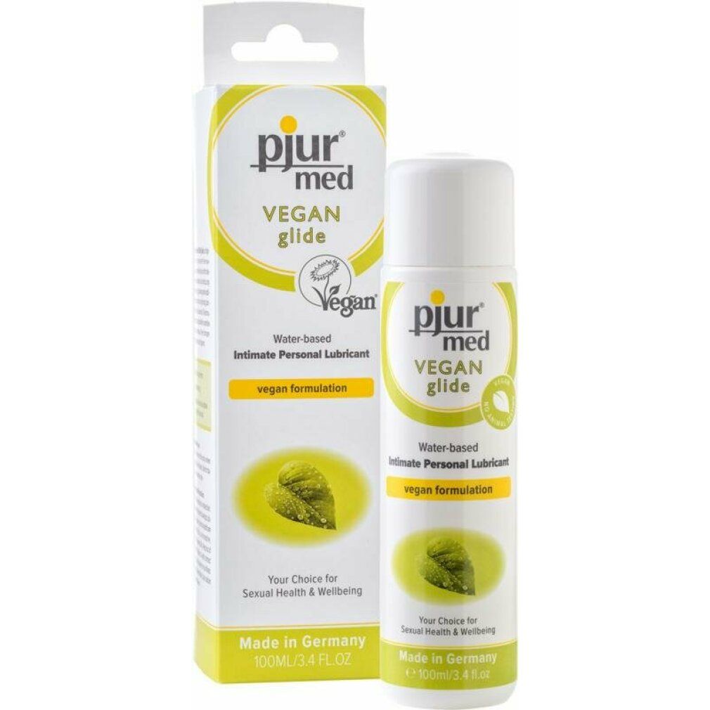 pjur med Vegan Glide Gleitmittel mit Verpackung. Aufschrift: VEGAN glide, Wasserbasiert, vegane Formulierung. Flasche und Verpackung.