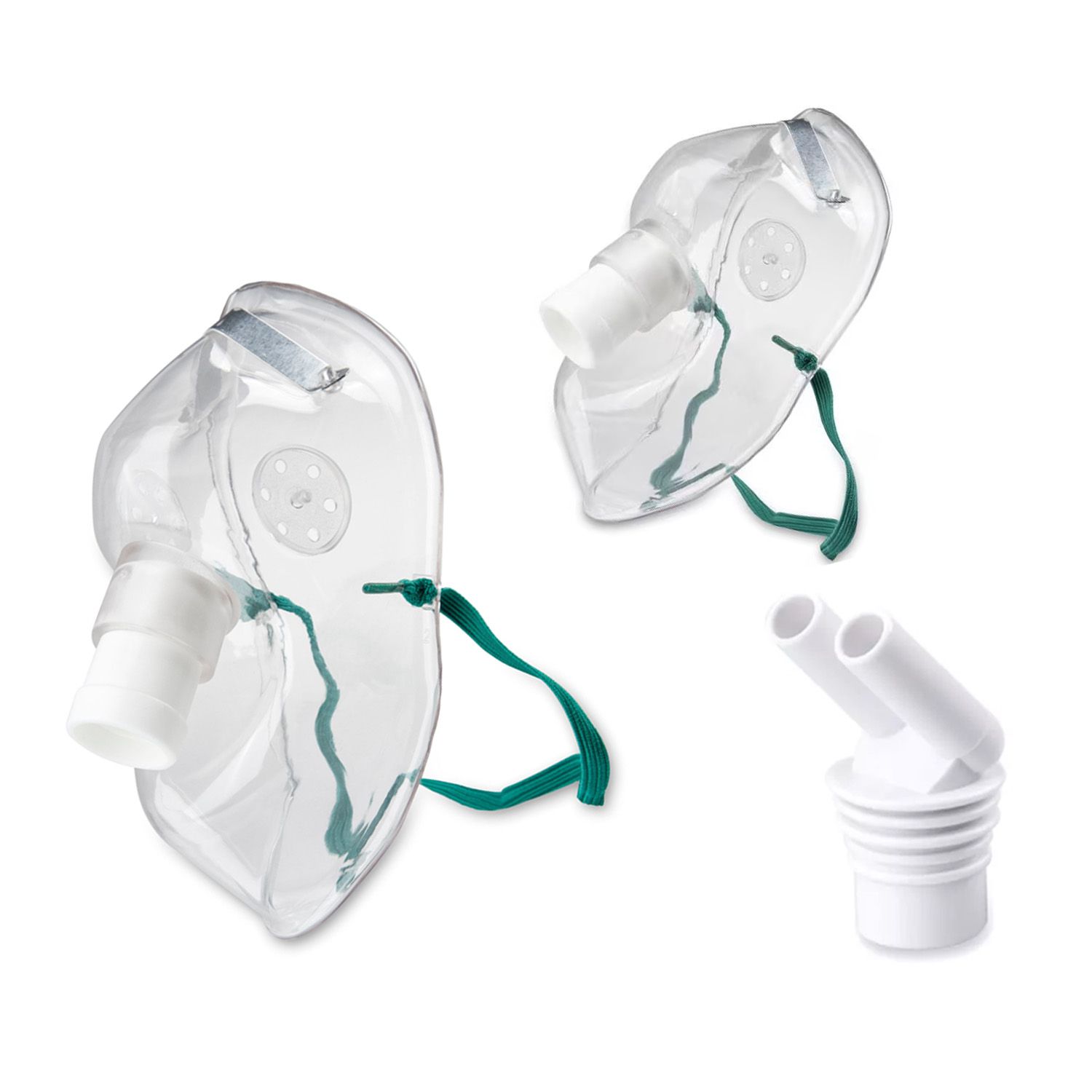 Zwei transparente Inhalationsmasken mit grünen Bändern und ein weißer Y-förmiger Anschluss.