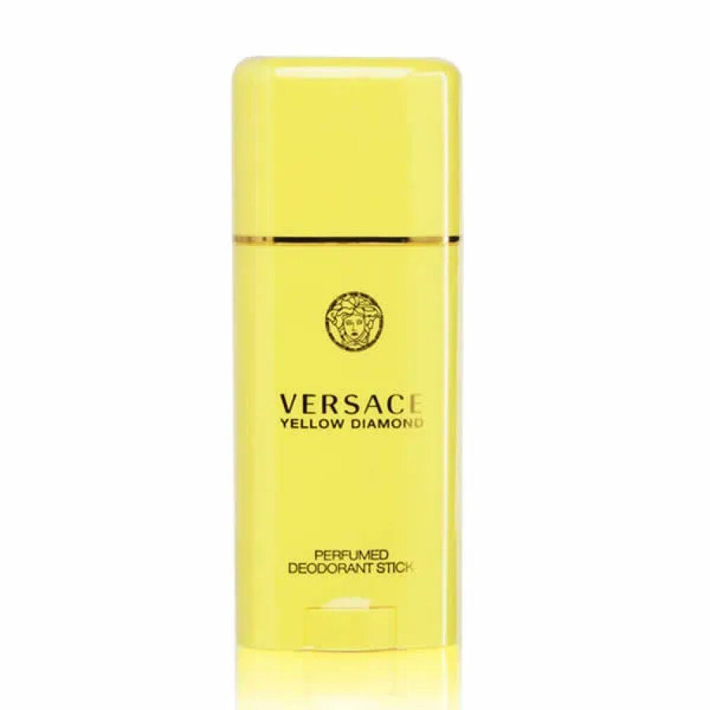 Gelber Deodorant-Stick. Aufschrift: VERSACE YELLOW DIAMOND. Goldfarbene Details. Unterseite mit Drehmechanismus.