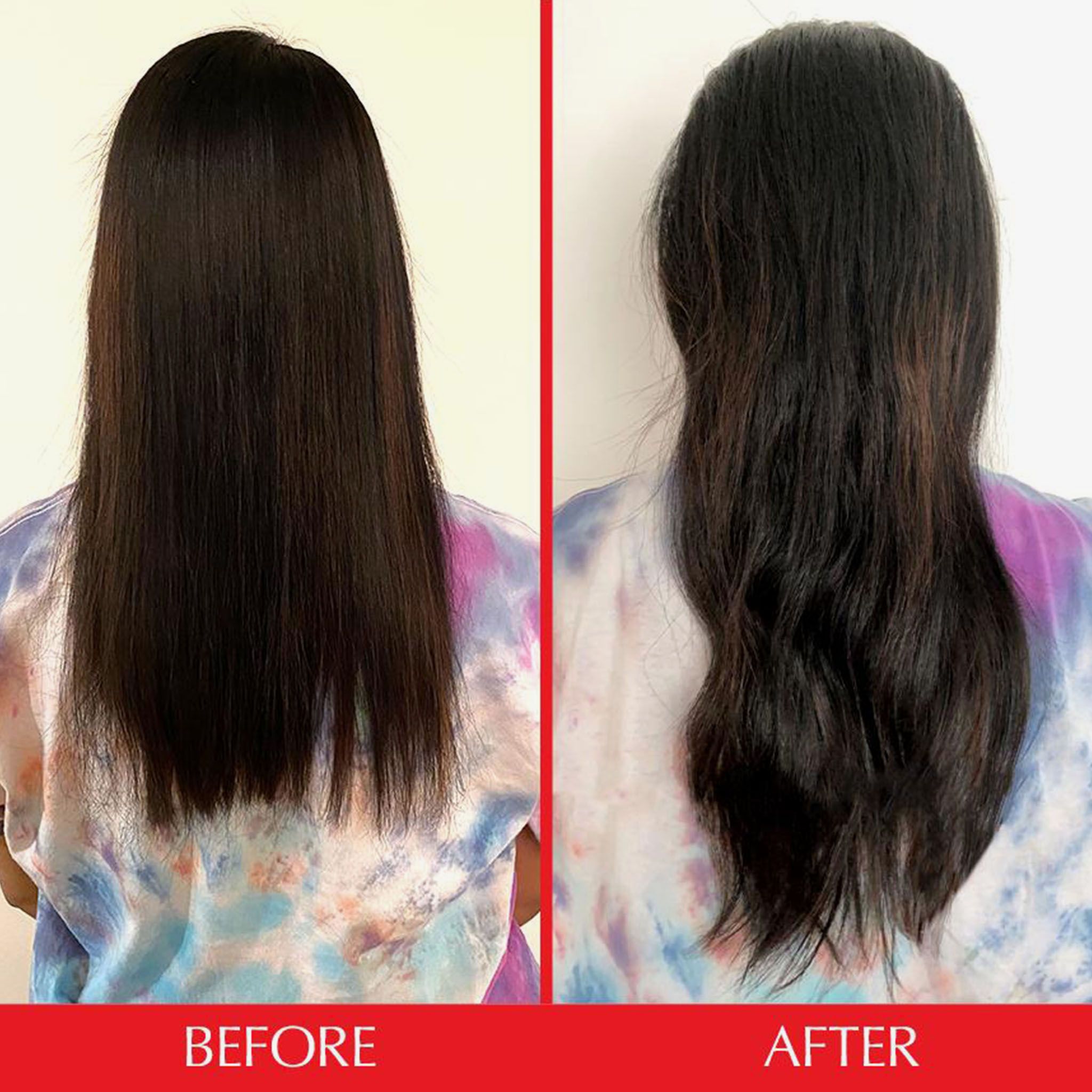 Vorher-Nachher-Vergleich: Haare vor und nach der Anwendung. Beide Bilder zeigen lange, dunkle Haare.