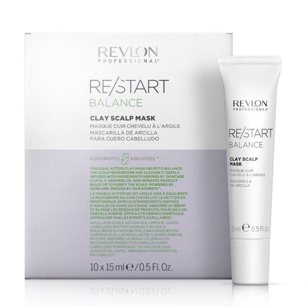 Verpackung und Tube. Aufschrift: Revlon Professional, Re/Start Balance Clay Scalp Mask. 10 x 15 ml.