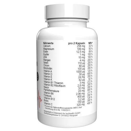 Rückseite einer weißen Kapsel-Dose mit Nährwerttabelle. Angaben pro 2 Kapseln und % NRV.