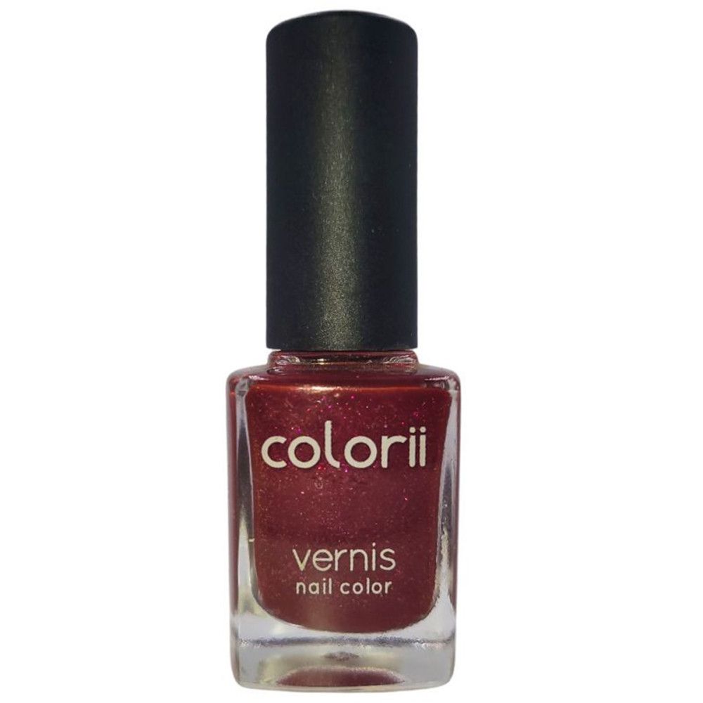 Nagellackflasche mit dunkelroter Farbe. Schwarzer Deckel. Aufschrift: colorii, vernis, nail color.