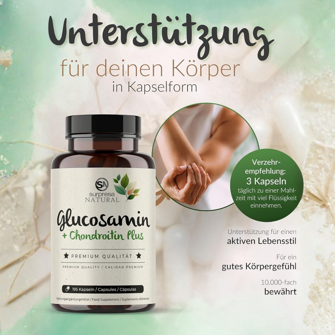 Flasche Surpresa Natural Glucosamin + Chondroitin Plus neben einer Person mit Ellenbogenbeschwerden.