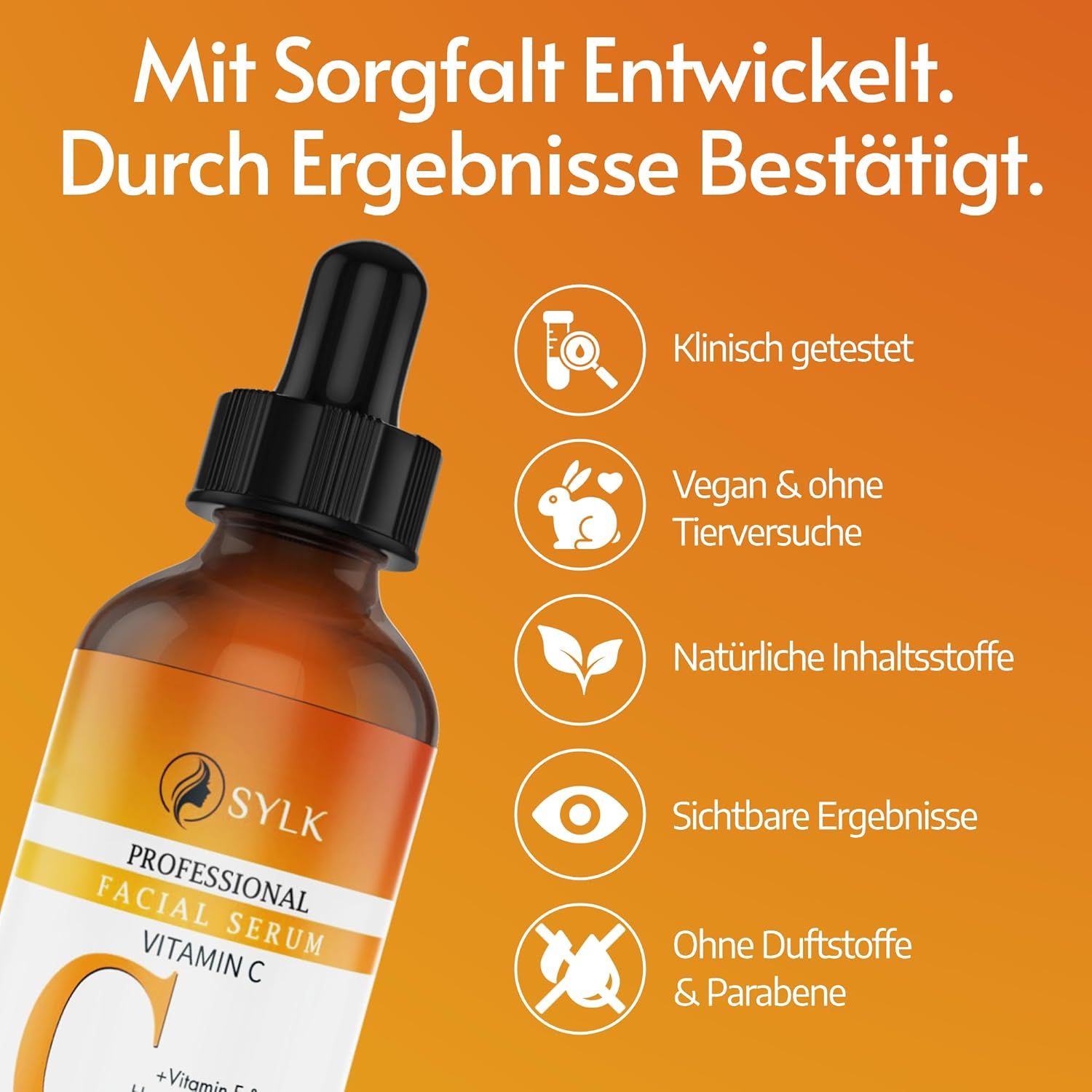 SYLK Professional Facial Serum Vitamin C Flasche. Text: Klinisch getestet, vegan, natürliche Inhaltsstoffe, sichtbare Ergebnisse.