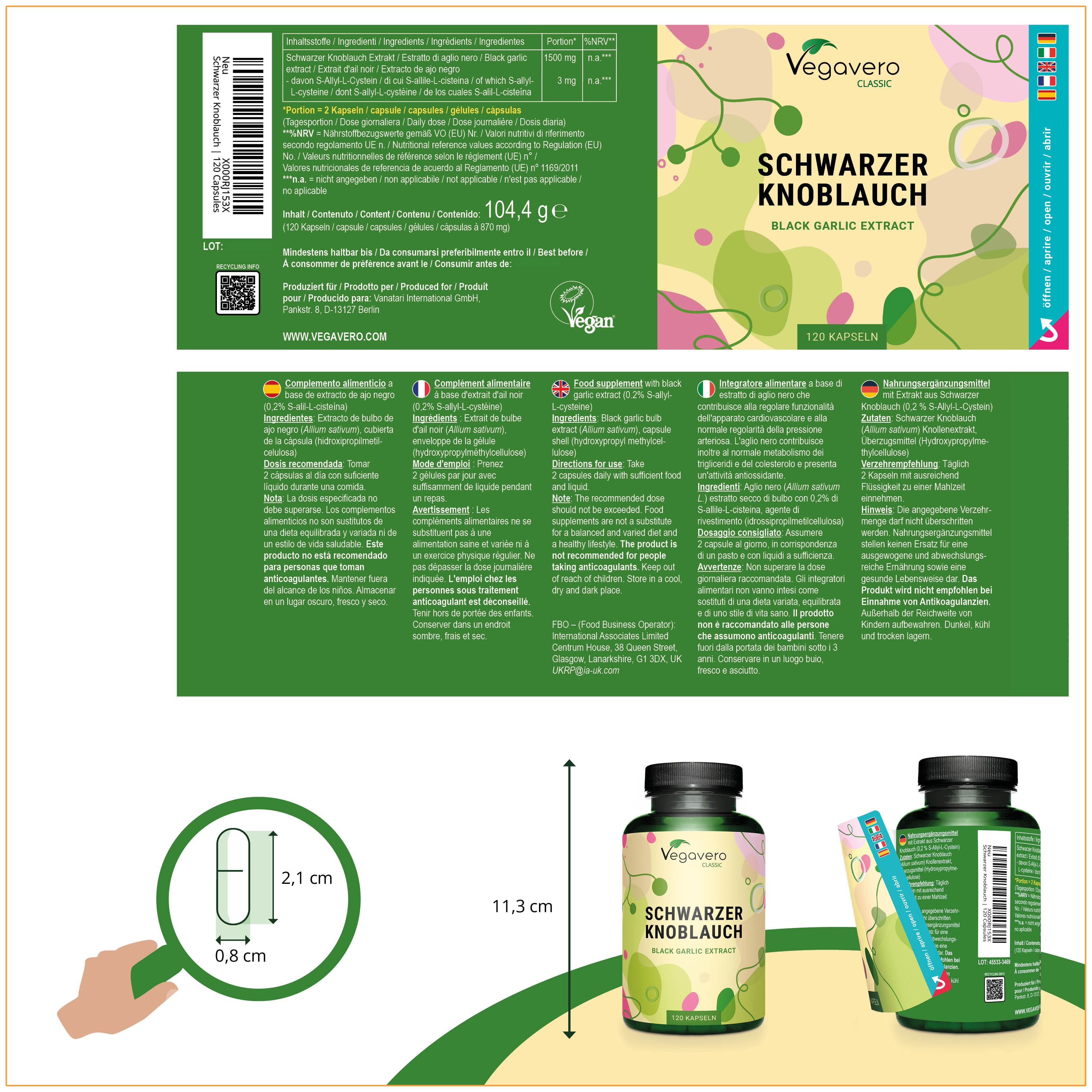 Produktverpackung mit Flasche und Beipackzettel. Flasche mit Aufschrift Schwarzer Knoblauch. Maße: 11,3 cm hoch, Kapsel: 2,1 x 0,8 cm.
