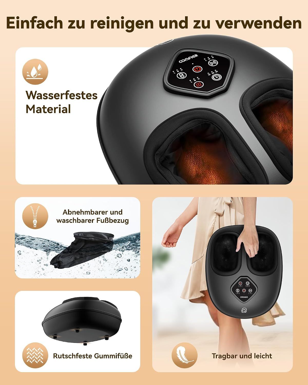 Schwarzes Fußmassagegerät mit abnehmbarem, waschbarem Bezug, rutschfesten Gummifüßen und wasserfestem Material.