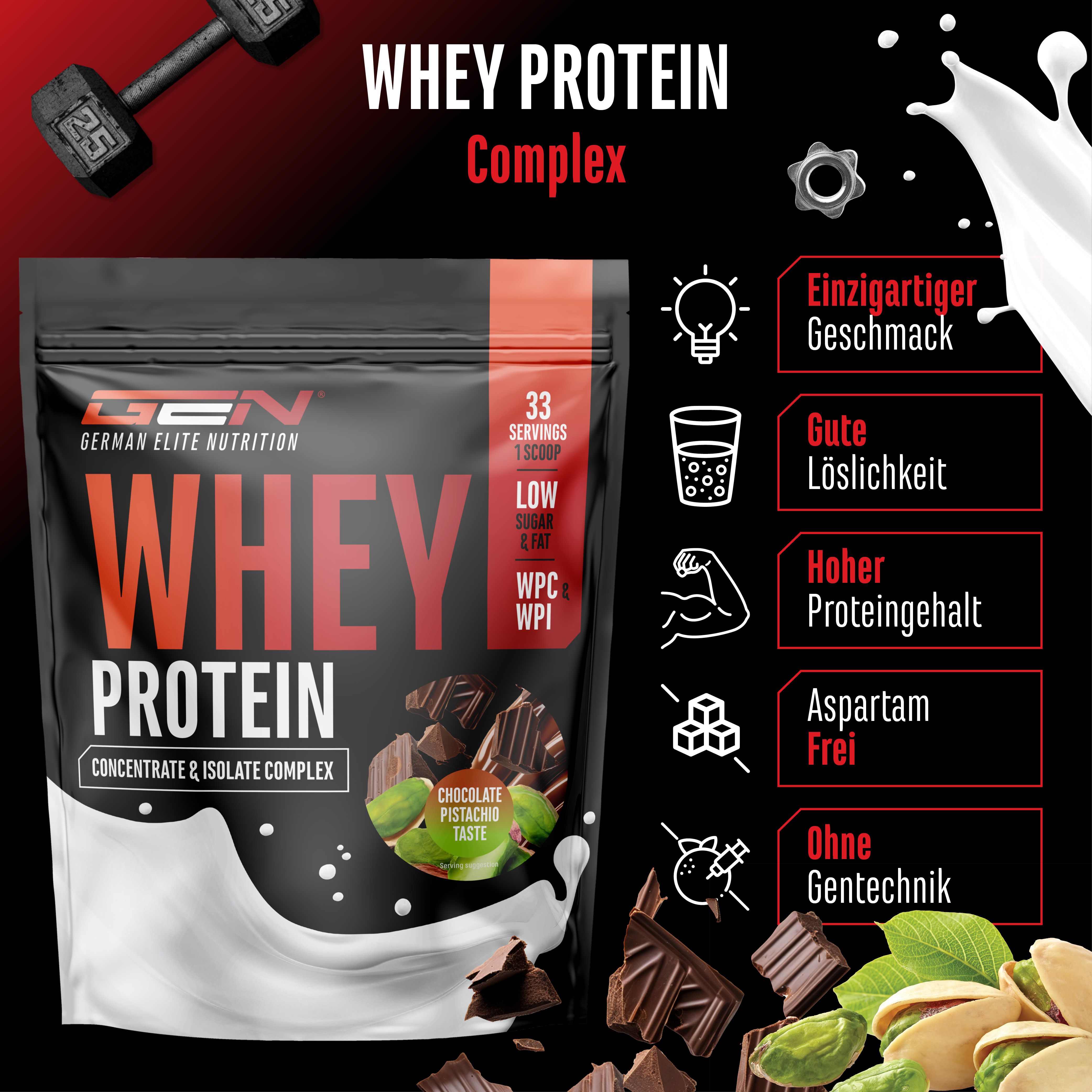 Werbebild mit Whey Protein. Text: 33 Portionen, Low Sugar & Fat, WPC WPI, einzigartiger Geschmack, gute Löslichkeit, hoher Proteingehalt.