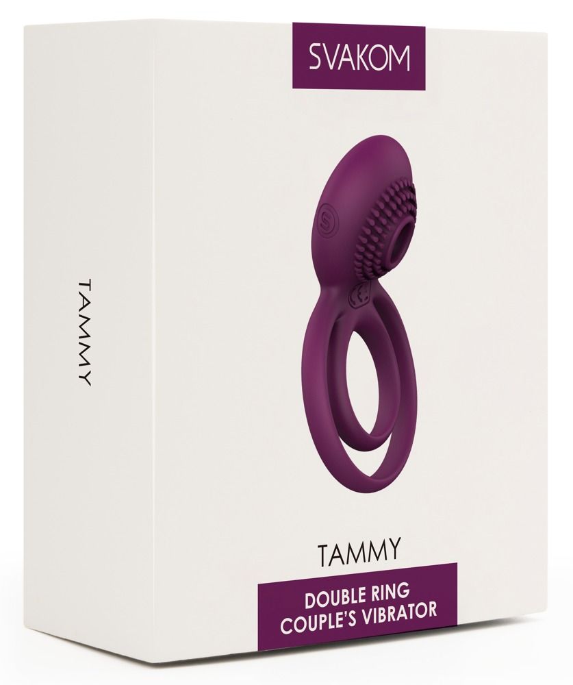 Verpackung mit Produkt. SVAKOM-Logo und Produktname TAMMY. Doppelring-Paar-Vibrator. Lila Produkt auf weißem Hintergrund.