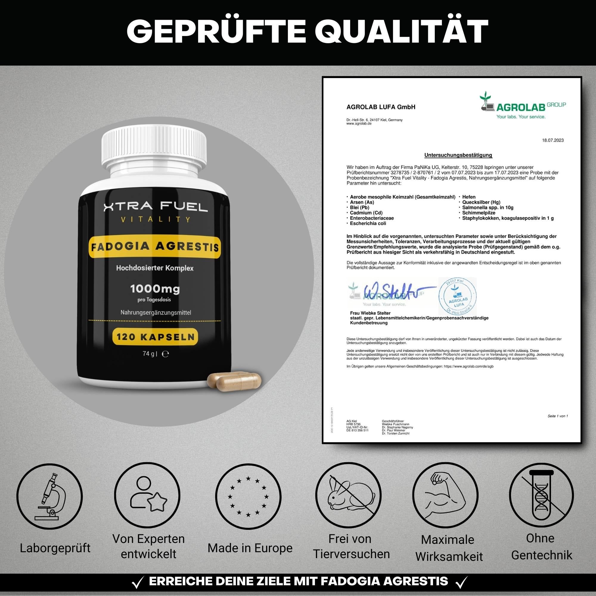 XTRA FUEL Fadogia Agrestis Kapseln. Schwarze Flasche. Laborgeprüft, von Experten entwickelt, Made in Europe.