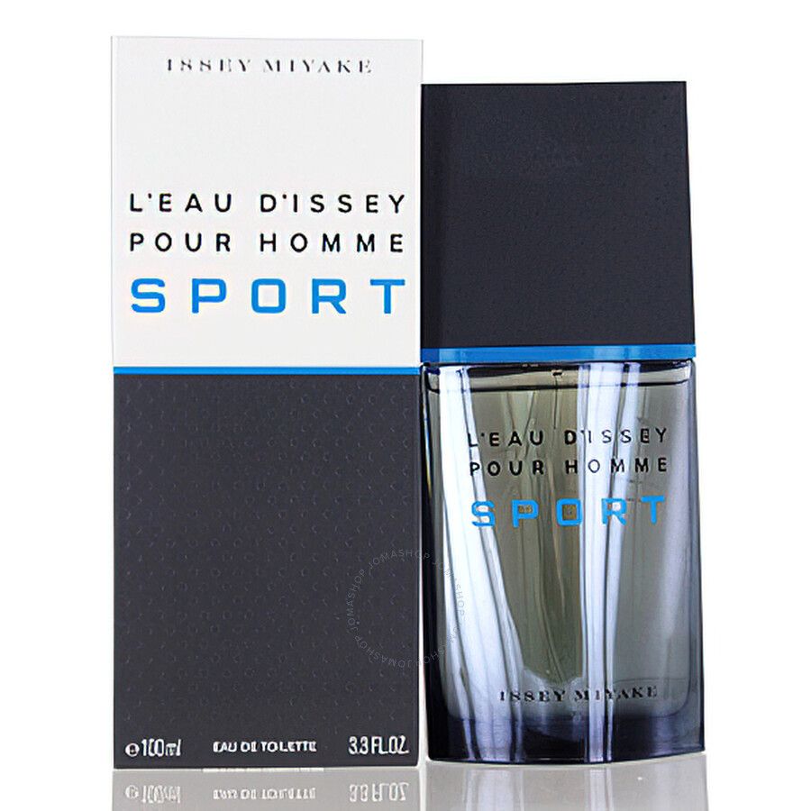 Flakon und Verpackung. Aufschrift: L'Eau d'Issey Pour Homme Sport. Schwarzer Deckel, blaue Akzente. Issey Miyake.