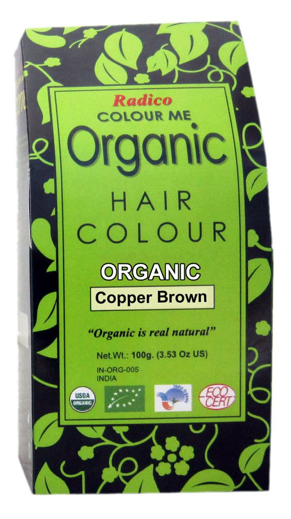 Verpackung von Radico Colour Me Organic Pflanzenhaarfarbe Kupferbraun. Grün-schwarzes Design mit Produktnamen und Zertifizierungen.
