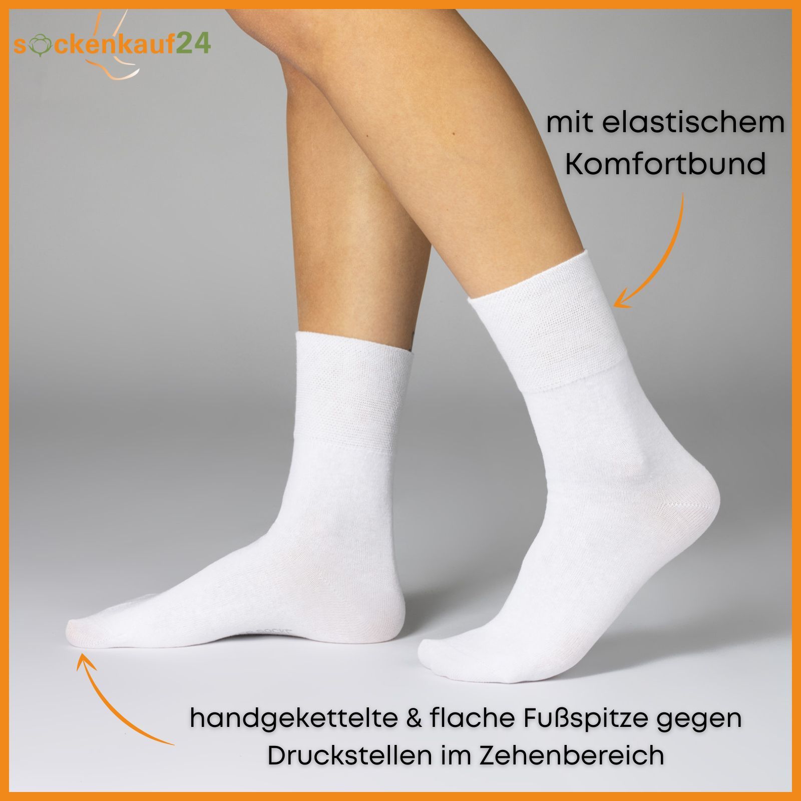 Weiße Socken an Beinen. Text: handgekettelte & flache Fußspitze gegen Druckstellen im Zehenbereich. Mit elastischem Komfortbund.