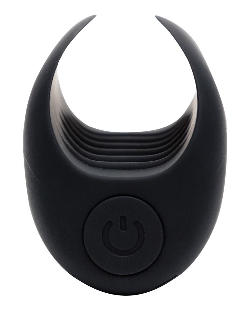 Schwarzes, ringförmiges Wellness-Produkt mit geriffelter Innenseite und Power-Taste.