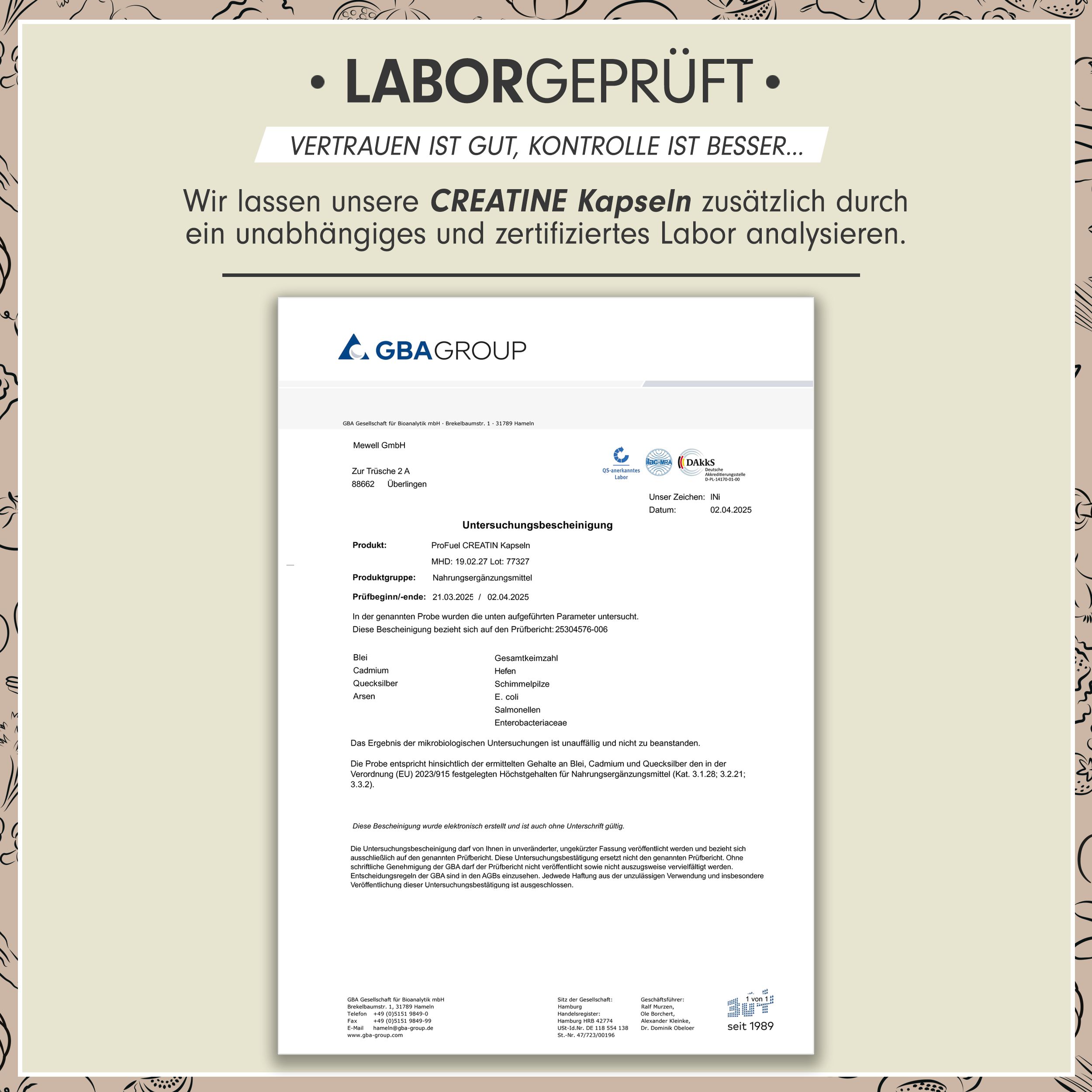 Zertifizierungsdokument. Text: CREATINE Kapseln. Logo: GBAgroup. Informationen zu Tests und Ergebnissen.