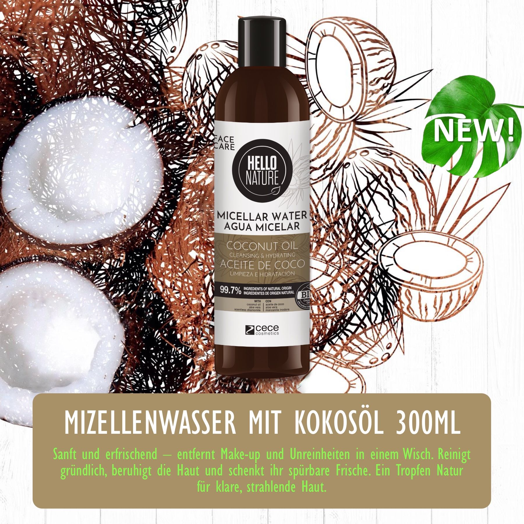 Flasche Mizellenwasser mit Kokosöl. Text: Mizellenwasser mit Kokosöl 300ml. Kokosnuss-Illustrationen.