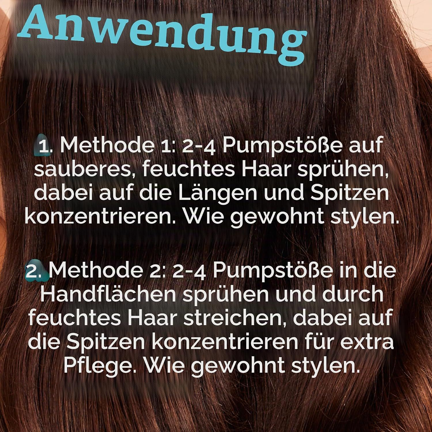 Anwendungshinweise für ein Leave-In Produkt: Sprühflasche mit orangefarbenem Sprühkopf.