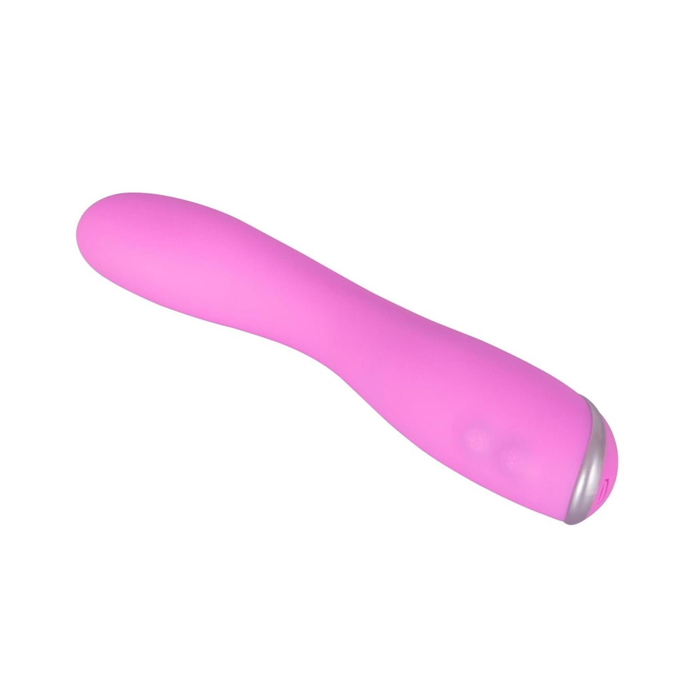 Rosa Vibrator mit abgerundeter Spitze und silberfarbenem Ring am Ende. Ergonomische Form.