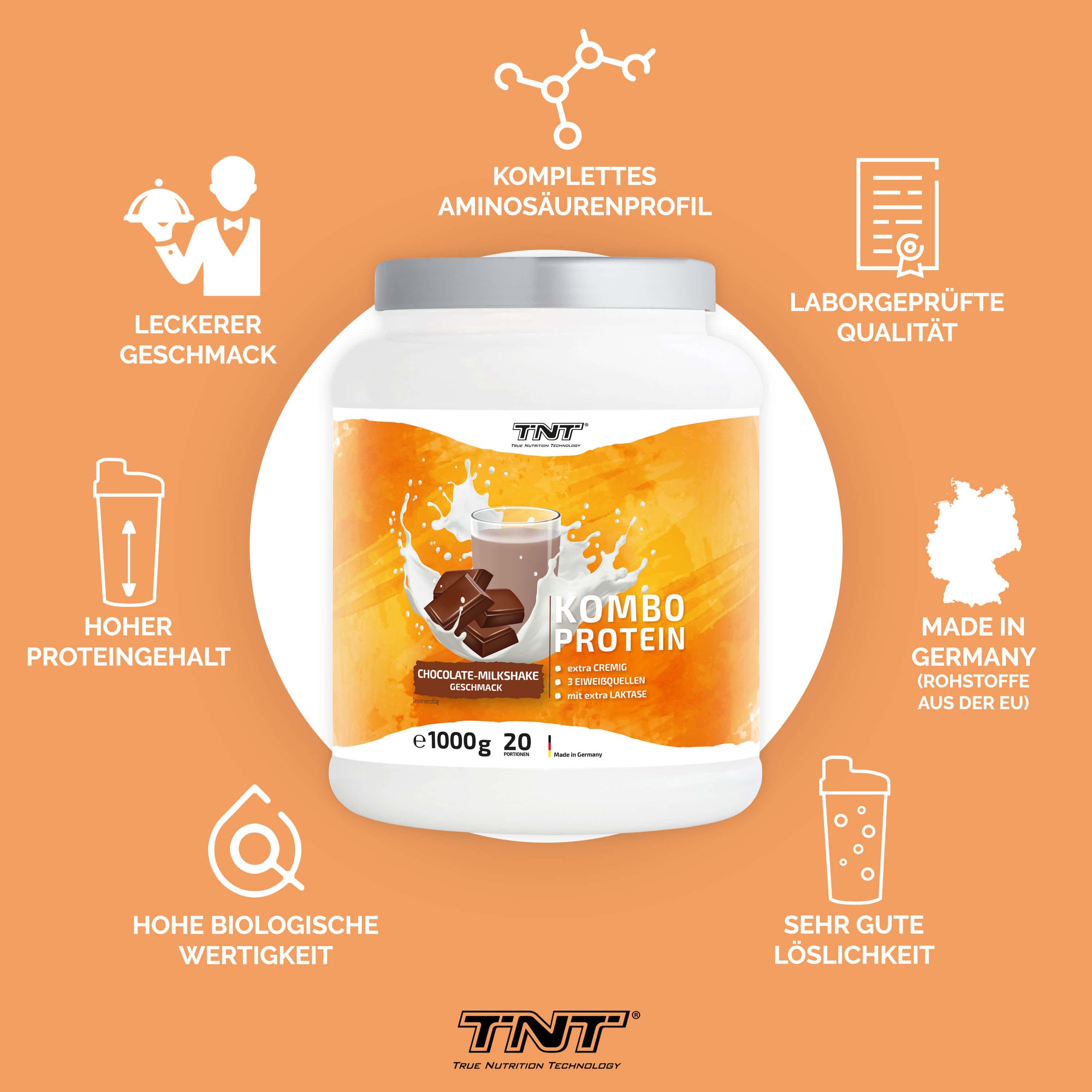 TNT Kombo Protein-Behälter mit Schokoladen-Milchshake-Geschmack. 1000g. Mit Logos und Icons für Aminosäuren, Qualität, Herkunft und Löslichkeit.