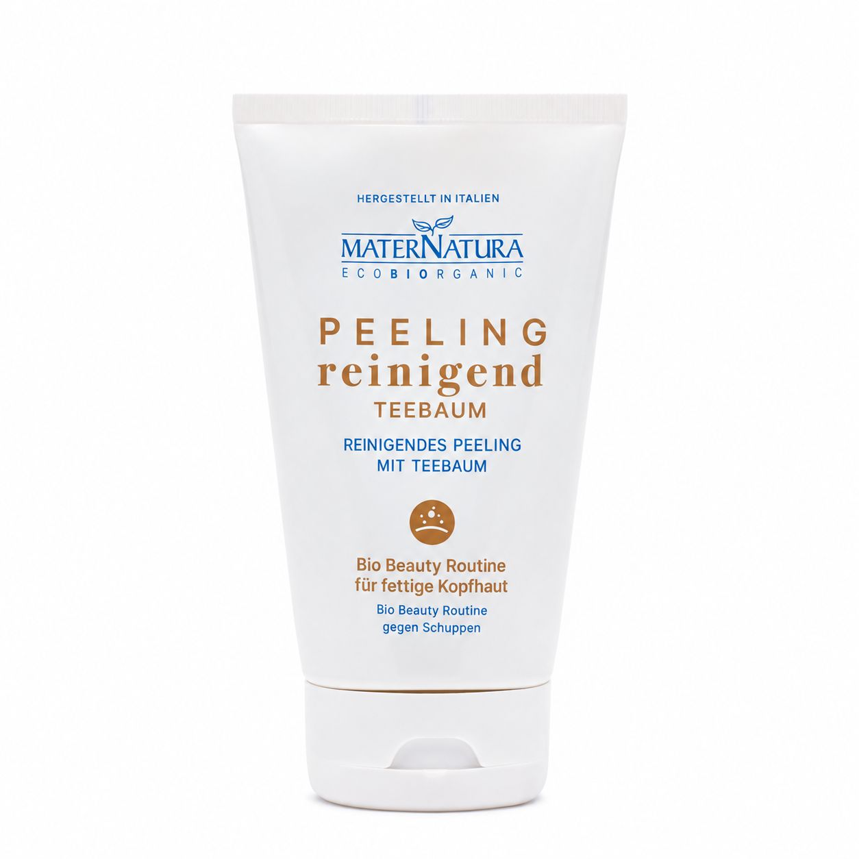 Ein weißer Spender mit der Aufschrift „Peeling reinigend Teebaum“.