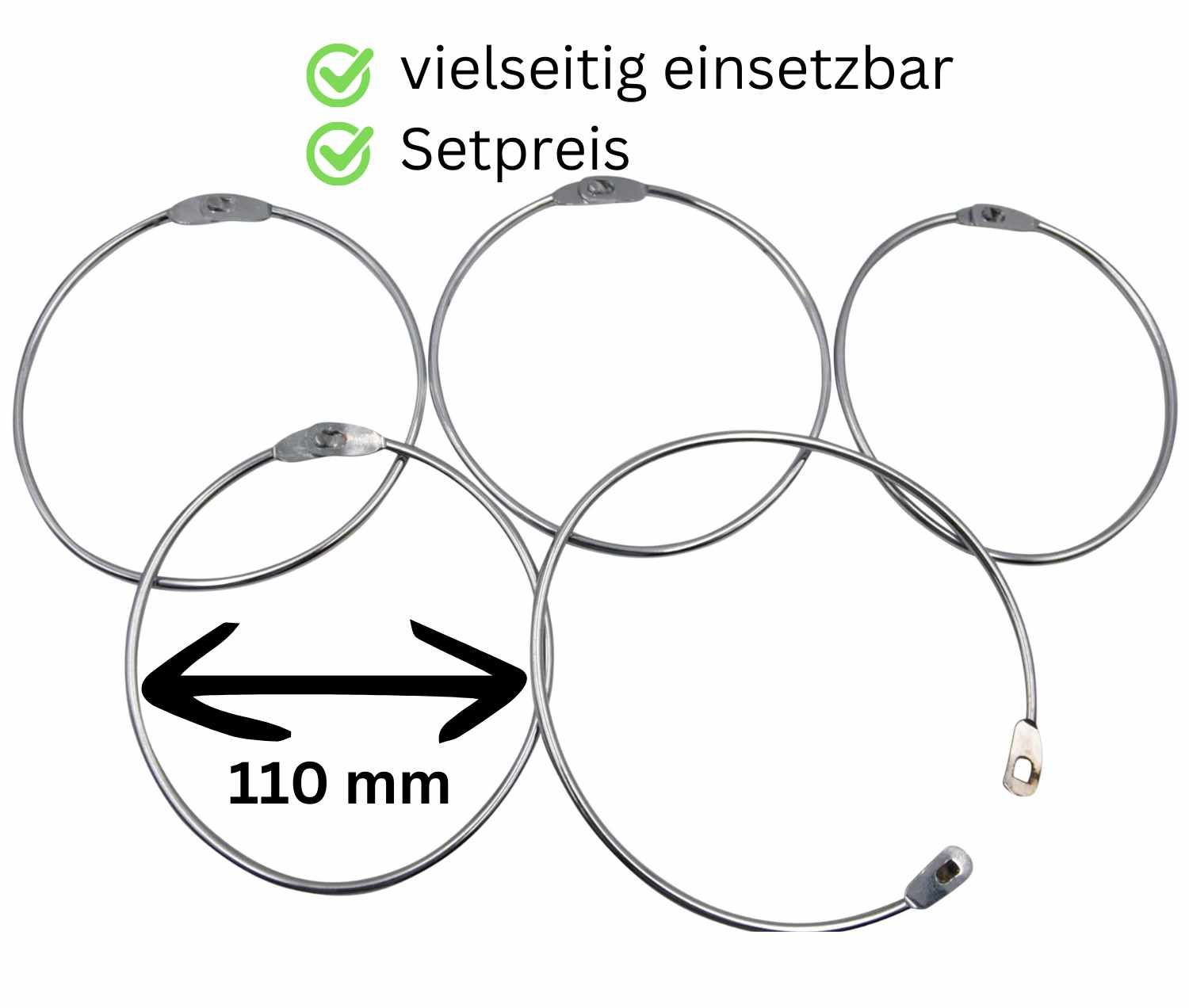 Fünf Metallringe mit Schnellverschluss. Text: vielseitig einsetzbar, Setpreis. Pfeil zeigt 110 mm.