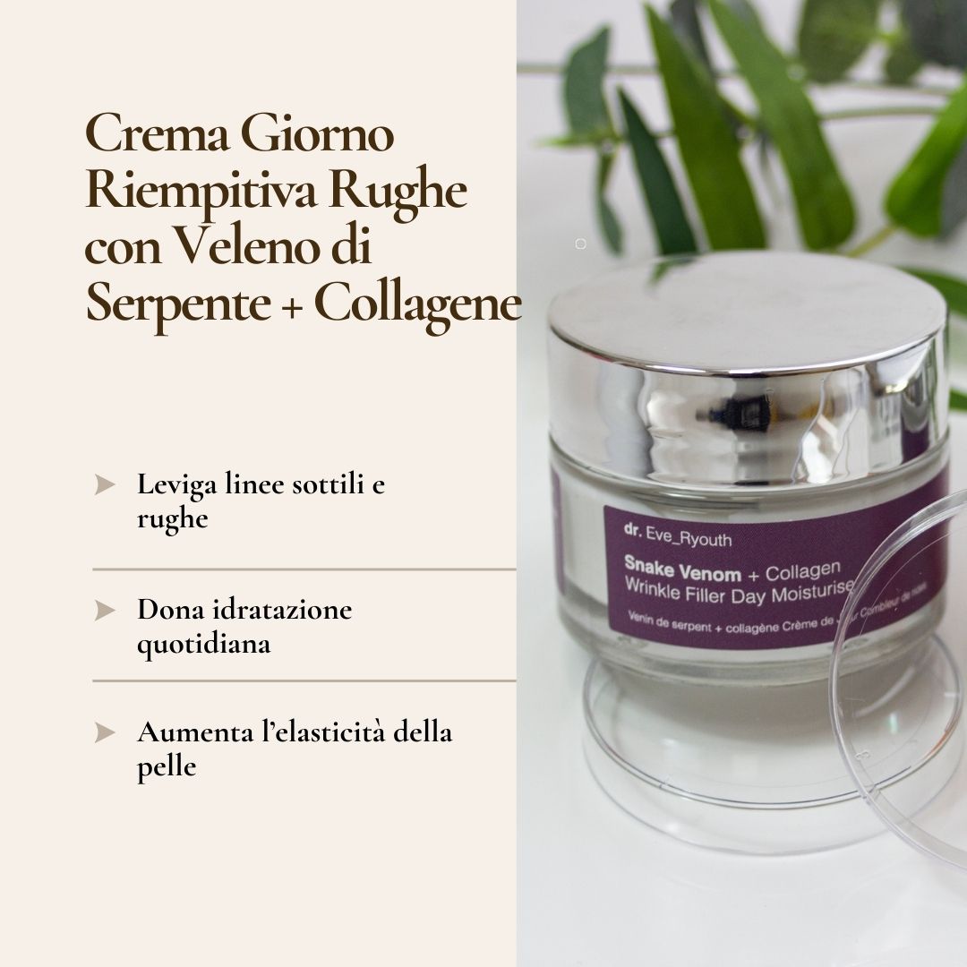 Creme-Glas mit Deckel. Aufschrift: Dr. Eve_Ryouth, Snake Venom + Collagen, Wrinkle Filler Day Moisturiser. Text in Italienisch.