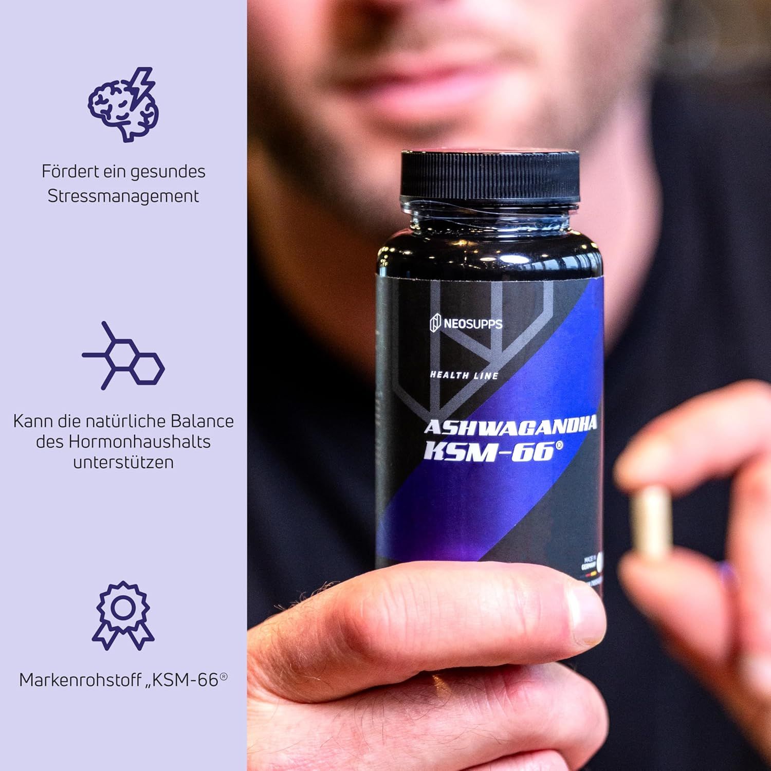 Schwarze Flasche mit blauer Aufschrift "ASHWAGANDHA KSM-66" und Kapsel in der Hand. Marke: Neosupps.