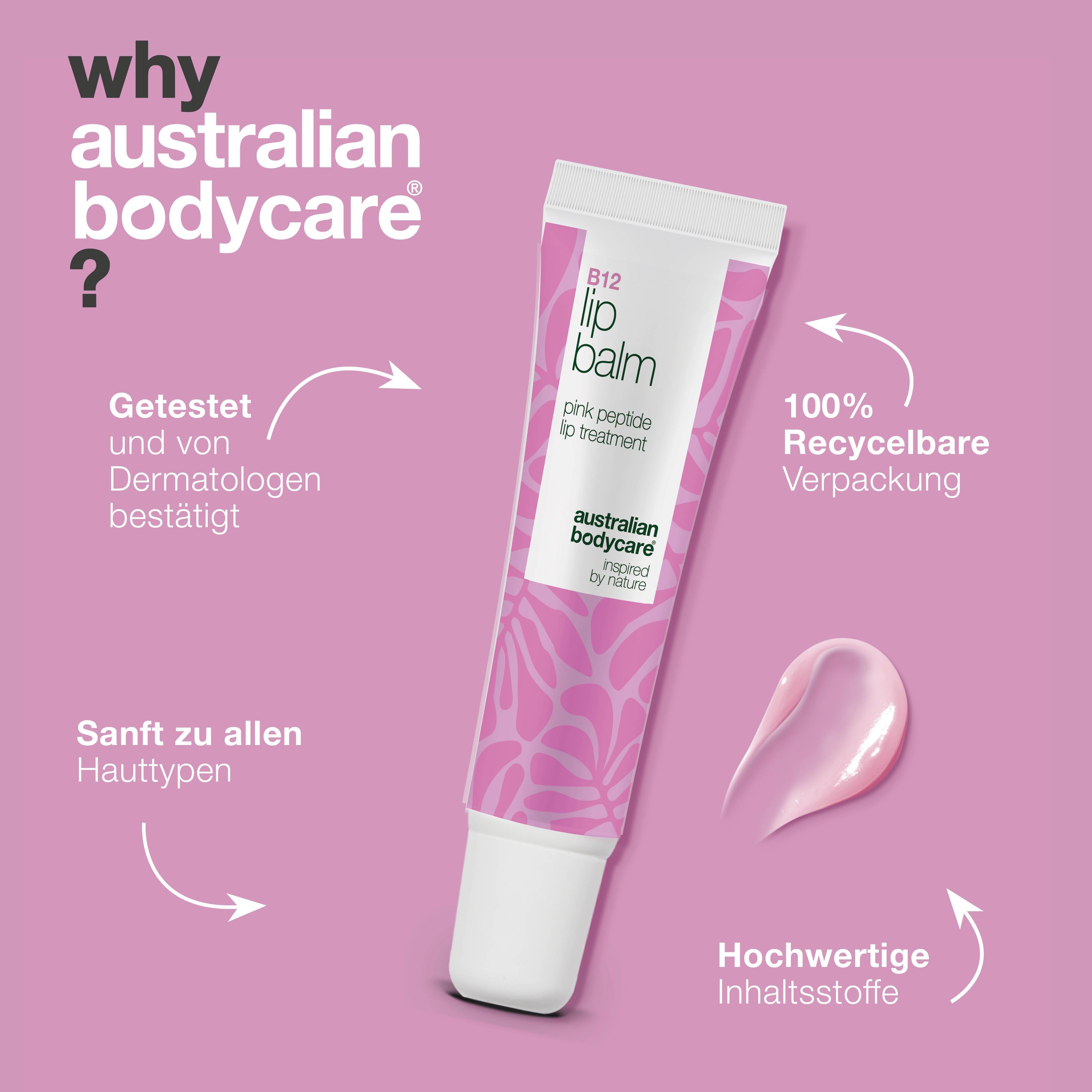 Eine Tube Lippenbalsam. Marke: Australian Bodycare. Text: B12 Lip Balm, pink peptide lip treatment. Rosa Hintergrund.