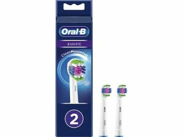 Zwei Oral-B 3D White Aufsteckbürsten. Blaue Verpackung mit Produktnamen und Logo. Zwei Bürstenköpfe liegen daneben.