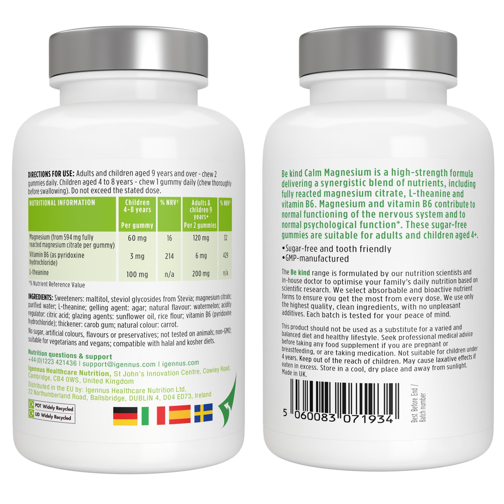 Vorder- und Rückseite einer weißen Flasche mit 'Be kind Calm Magnesium Gummies' Etikett und Nährwertangaben.