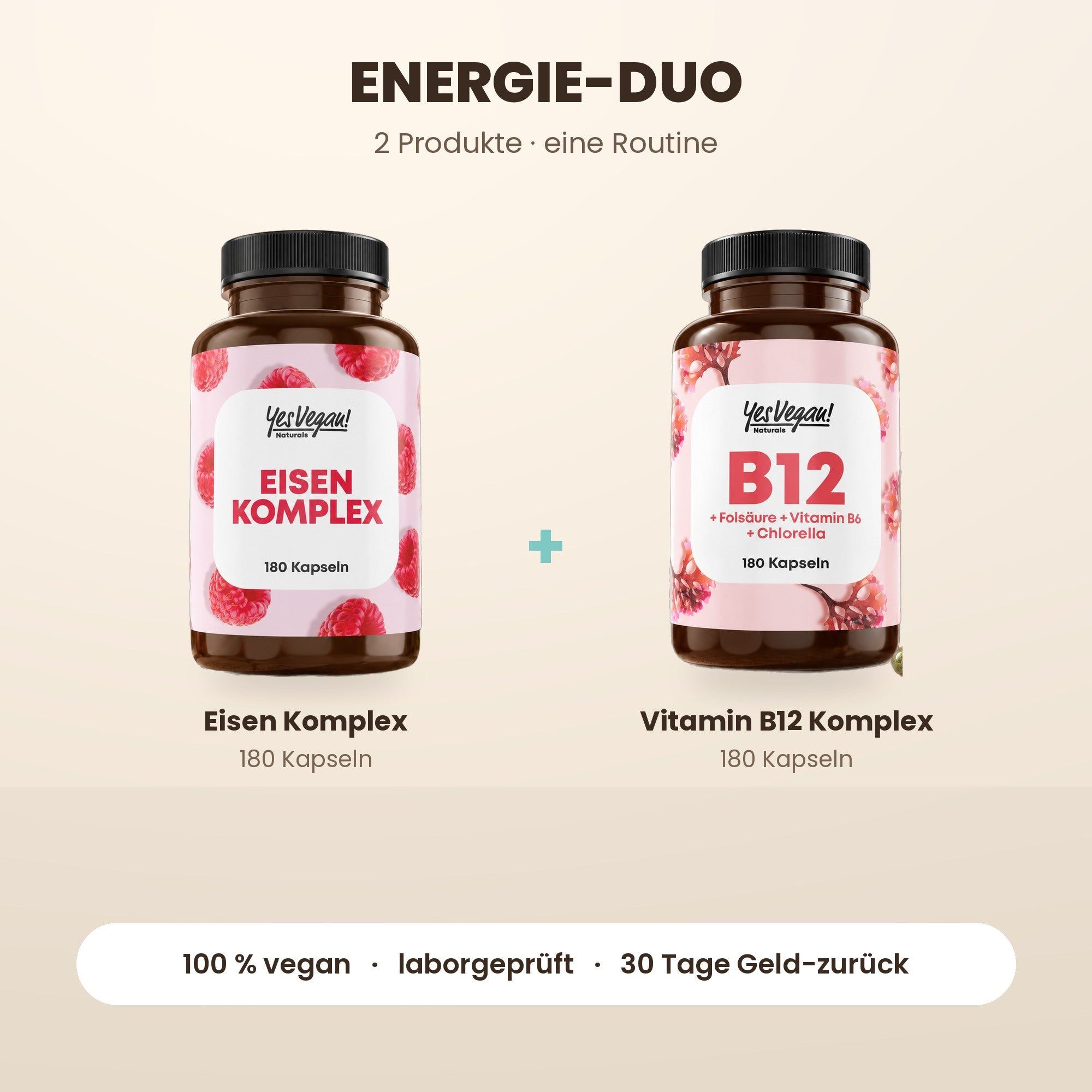 Eine Packung veganes Schoko-Proteinpulver (600g) und eine Flasche Magnesium Komplex (250 Kapseln).