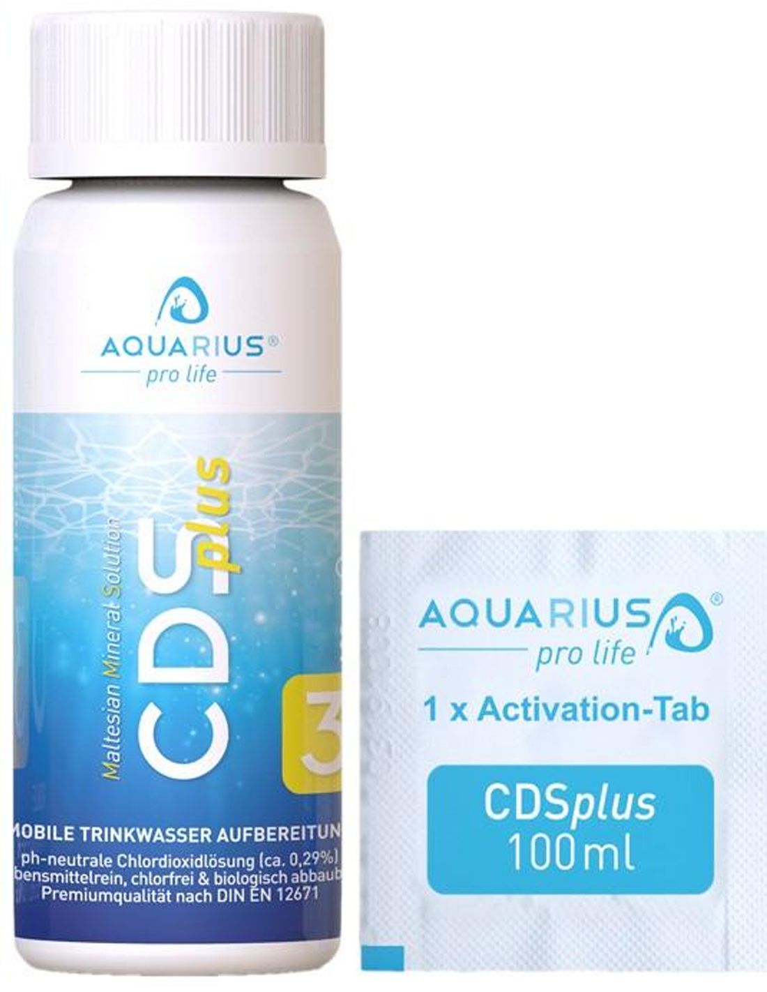 Flasche und Beutel. Aufschrift: AQUARIUS pro life, CDSplus, 100ml. Beutel: 1 x Activation-Tab.