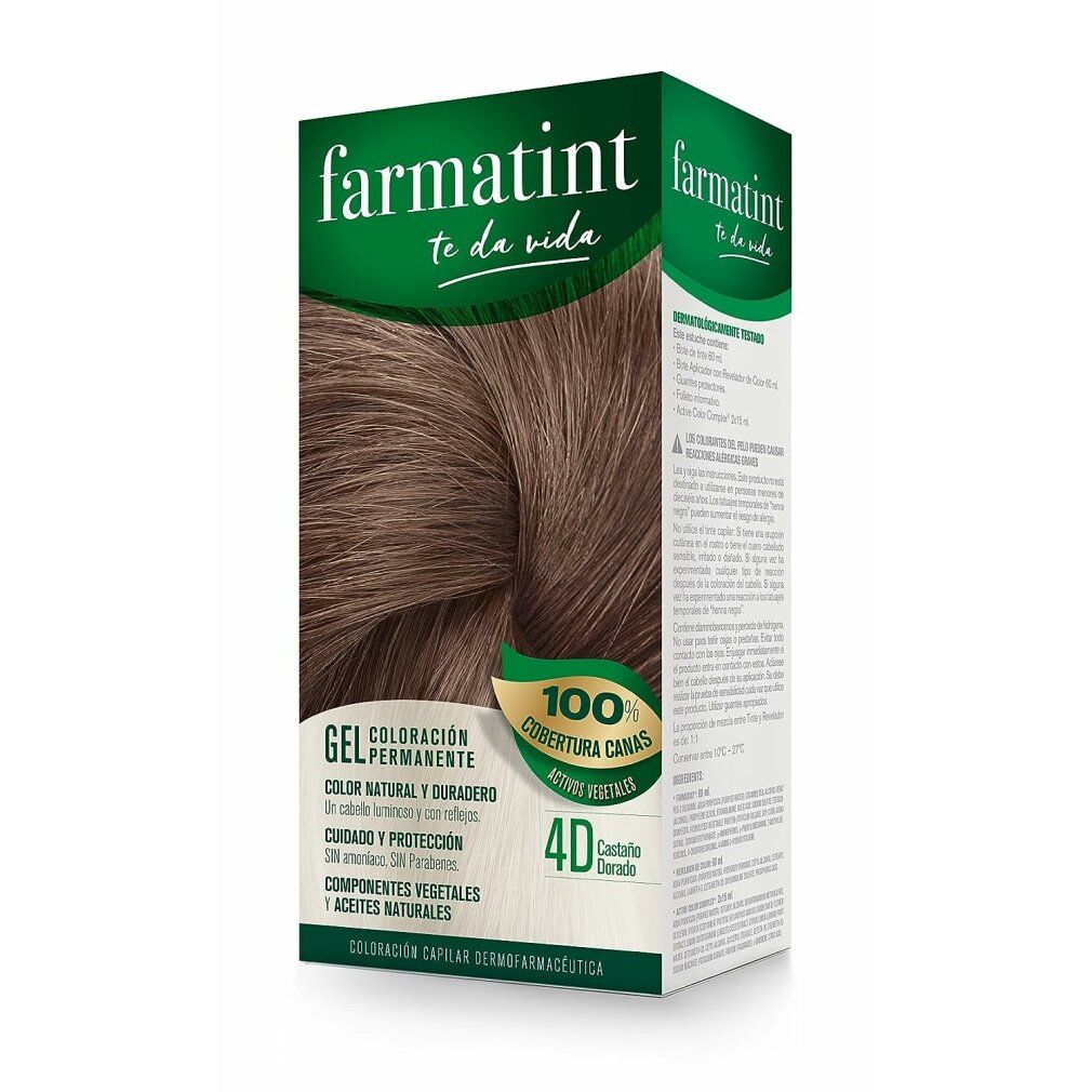 Produktverpackung von Farmatint Gel Coloración Permanente. Box mit Produktabbildung und Text. Farbton: 4D Castaño Dorado.