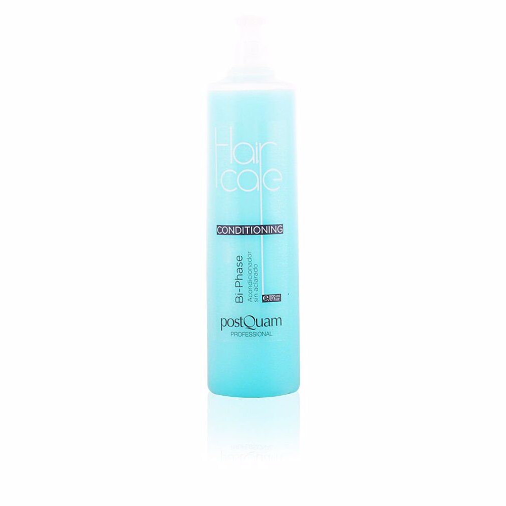 Hohe, blaue Flasche mit weißem Deckel. Aufschrift: Hair Care, Conditioning, Bi-Phase, Postquam Professional.