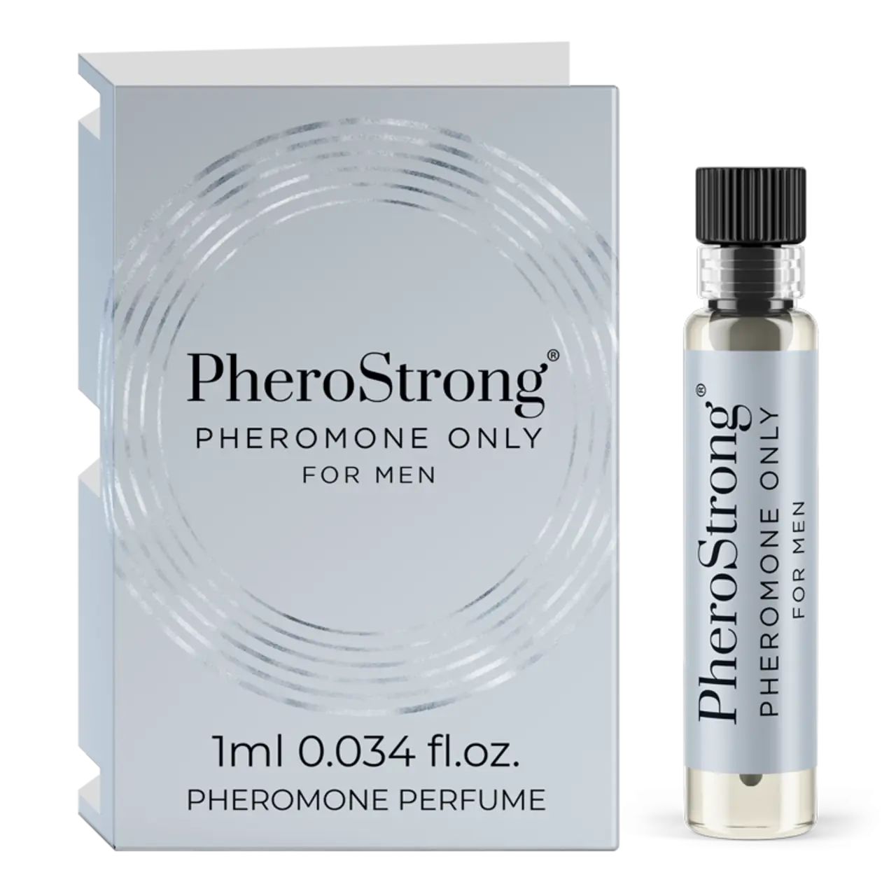 Flakon und Verpackung von PheroStrong. Flakon mit schwarzem Verschluss. Verpackung mit Logo und Schriftzug.