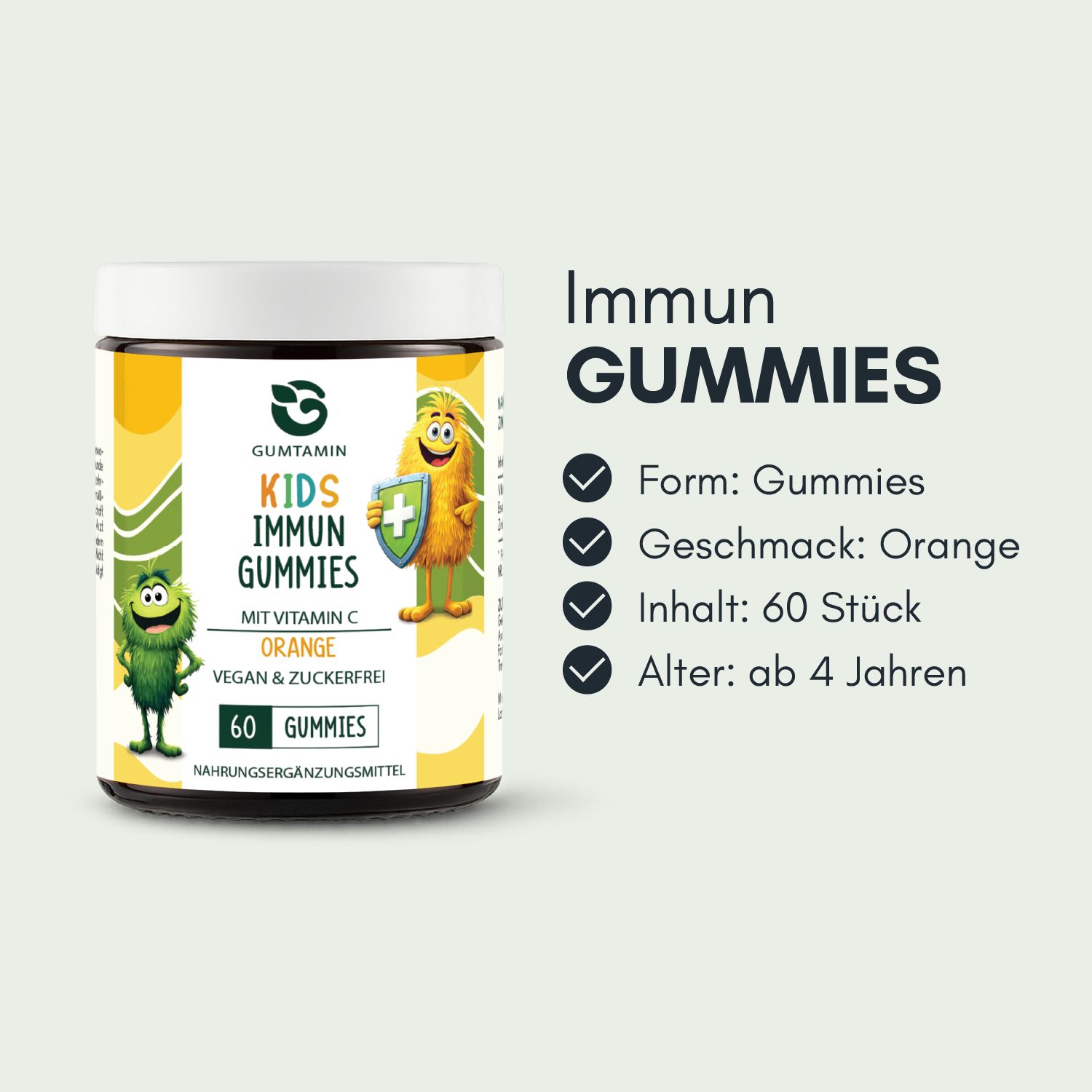 Gumtamin Kinder Immun Gummies. Form: Gummies. Geschmack: Orange. Inhalt: 60 Stück. Alter: ab 4 Jahren.