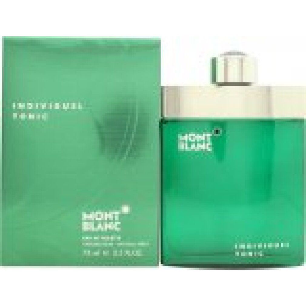 Grüne Flasche und Schachtel. Auf der Flasche steht "MONT BLANC" und "INDIVIDUEL TONIC". Die Schachtel hat den gleichen Text.