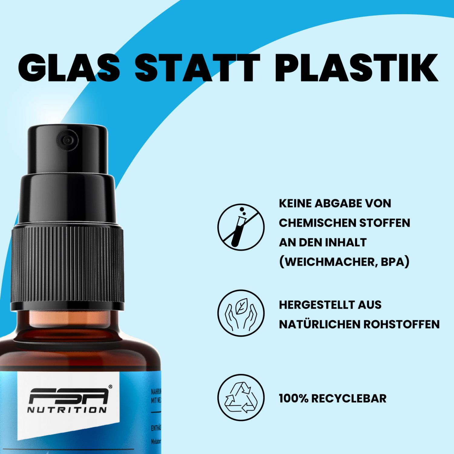 Braune Flasche mit Sprühkopf. Text: Glas statt Plastik, Keine Abgabe von chemischen Stoffen, hergestellt aus natürlichen Rohstoffen, 100% recyclebar.