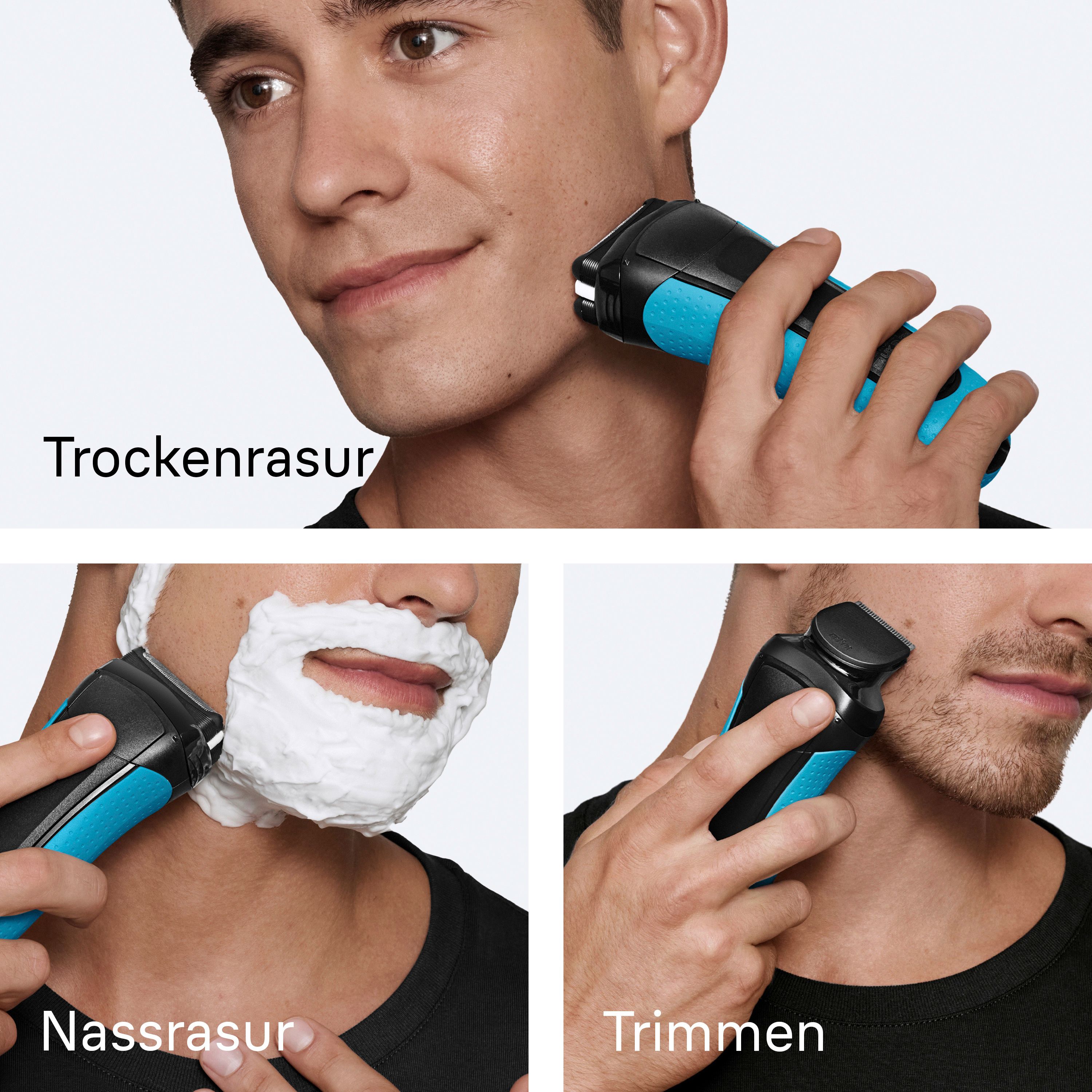 Mann mit Braun Series 3 Rasierer, Nahaufnahme des Gesichts. Gründliche & angenehme Rasur.