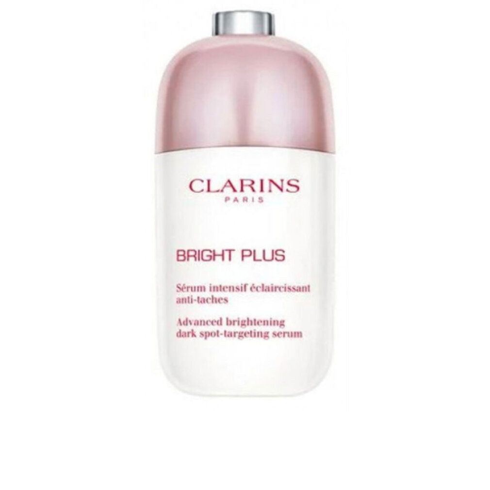 Clarins Bright Plus Serum-Flakon. Weißes Fläschchen mit rosa Deckel. Aufschrift: Bright Plus, Serum intensif éclaircissant anti-taches.