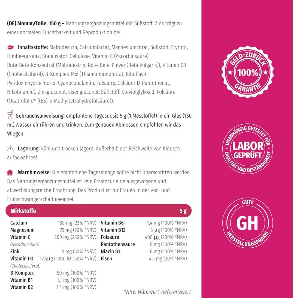 Produktinformationen auf Dose Nature's Finest Mommy ToBe. Inhaltsstoffe, Nährwertangaben, Warnhinweise, Labor geprüft, GH.
