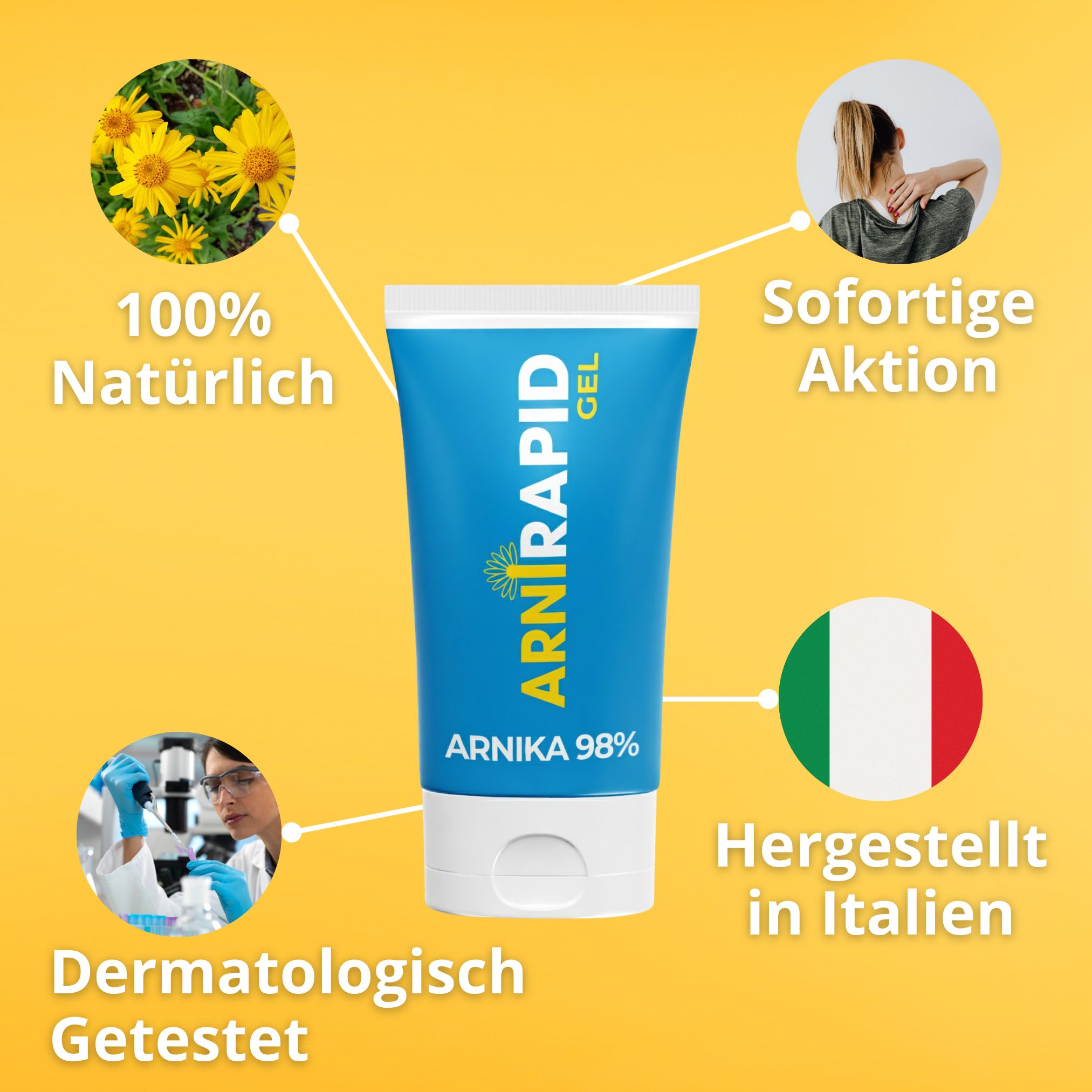 ARNIRAPID Tube mit Arnika, 100% natürlich, dermatologisch getestet, sofortige Wirkung, hergestellt in Italien.