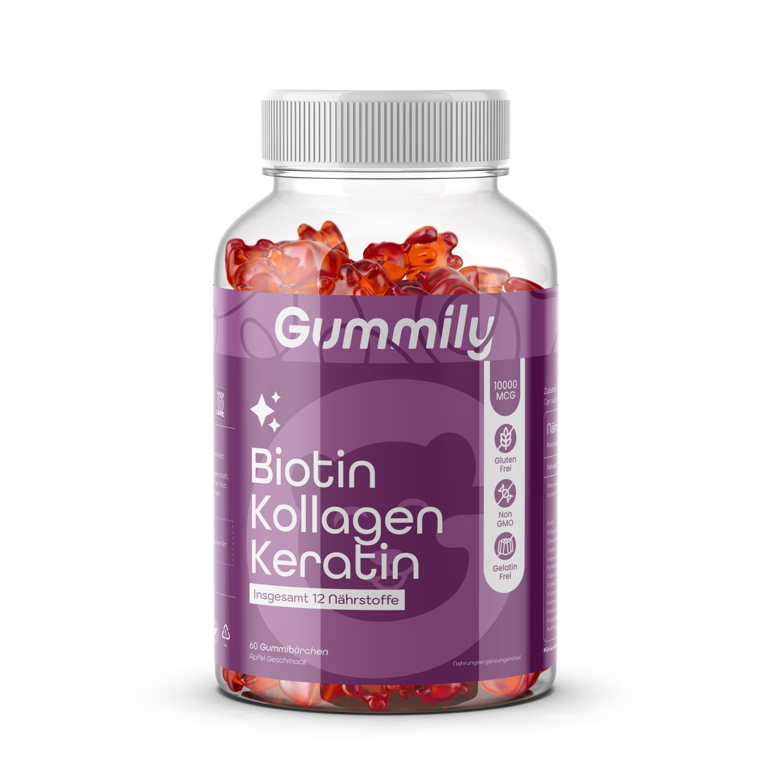 Klare Flasche mit roten Gummibärchen. Auf dem Etikett: Gummily, Biotin, Kollagen, Keratin. Glutenfrei, zuckerfrei.