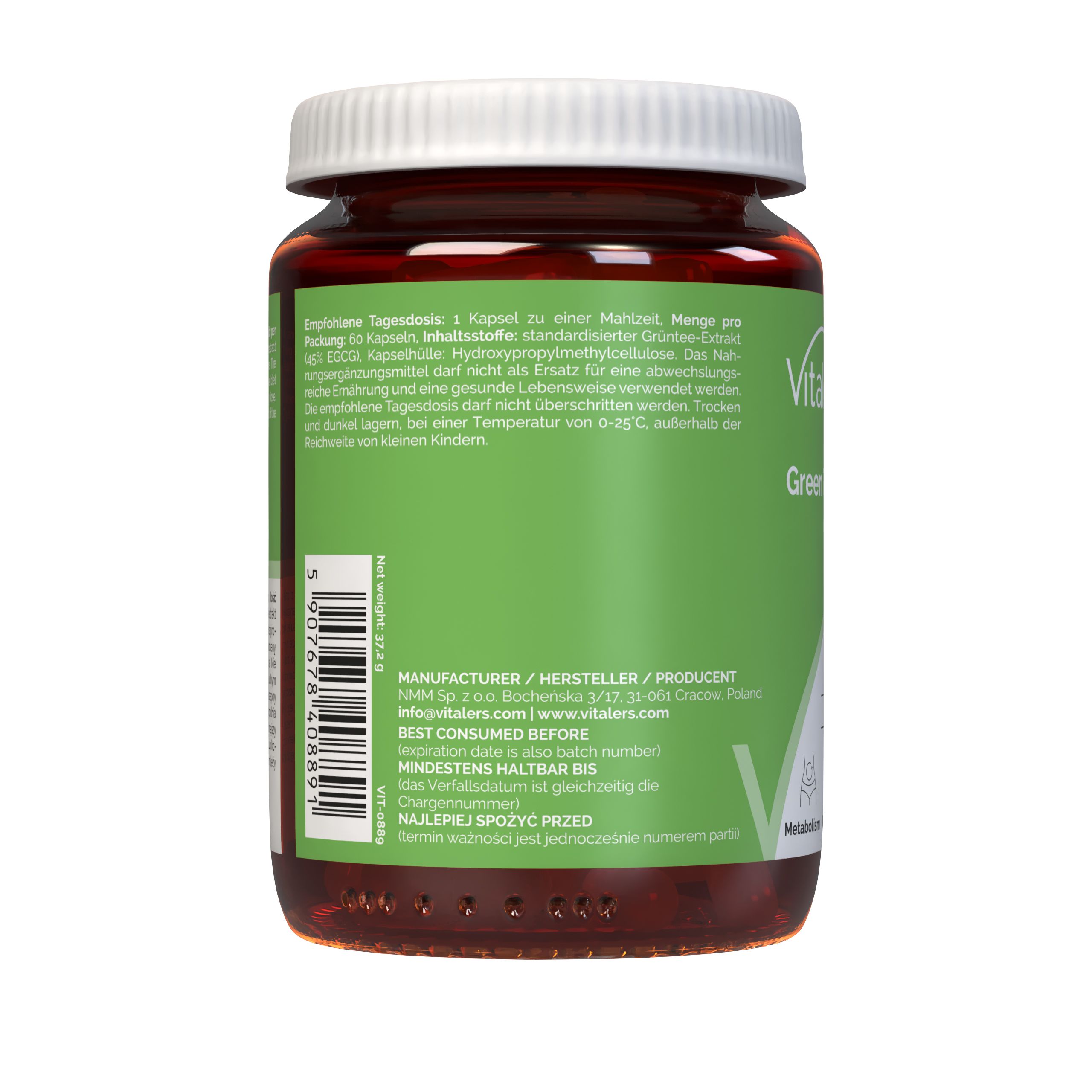 Rückseite eines Vitaler's Green Tea 500 mg Kapselbehälters mit Herstellerinformationen und Mindesthaltbarkeitsdatum.