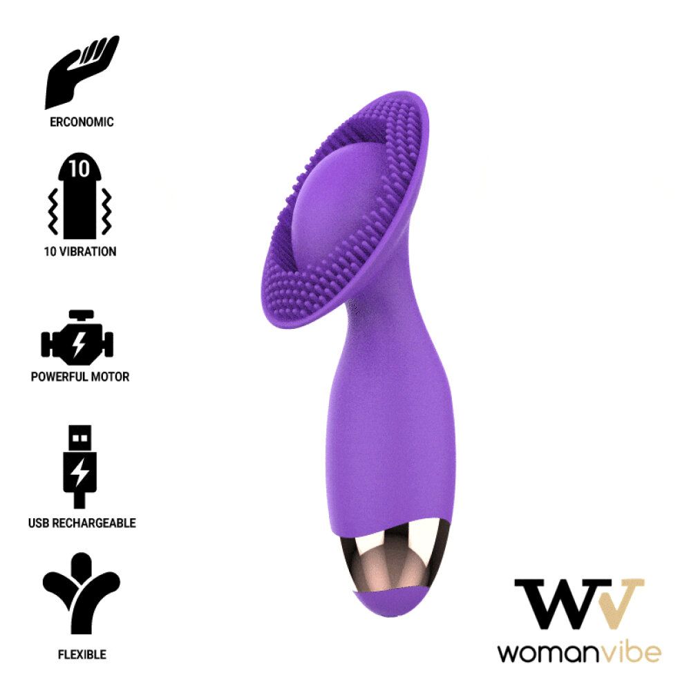 Lila Stimulator mit geriffelter Oberfläche und Griff. Eigenschaften: ergonomisch, 10 Vibrationen, starker Motor, USB-aufladbar, flexibel. Marke: WomanVibe.