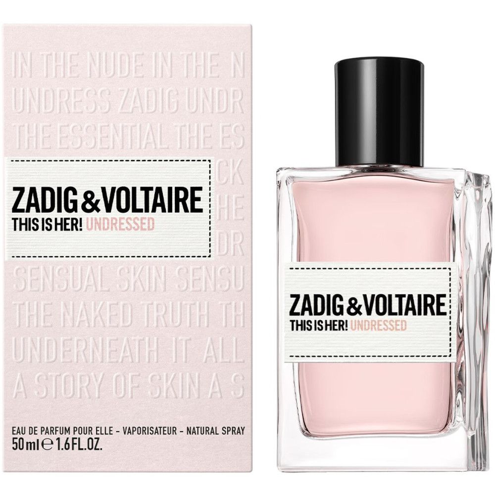 Zadig & Voltaire This Is Her! Undressed Eau de Parfum. Rechteckiger Flakon mit rosa Flüssigkeit und schwarzem Verschluss. Verpackung daneben.