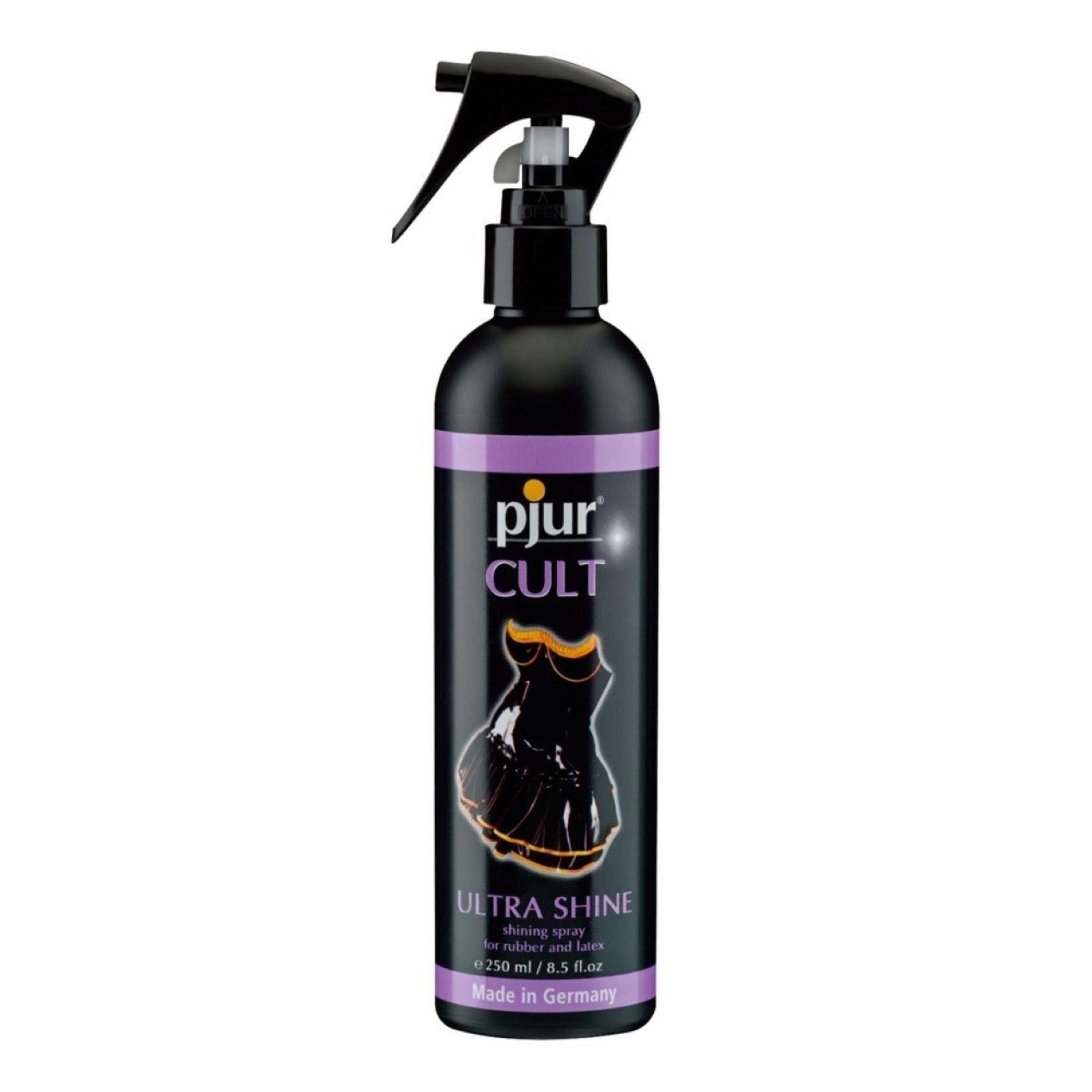 Schwarze Sprühflasche mit schwarzem Sprühkopf. Aufschrift: pjur CULT ULTRA SHINE. 250 ml.
