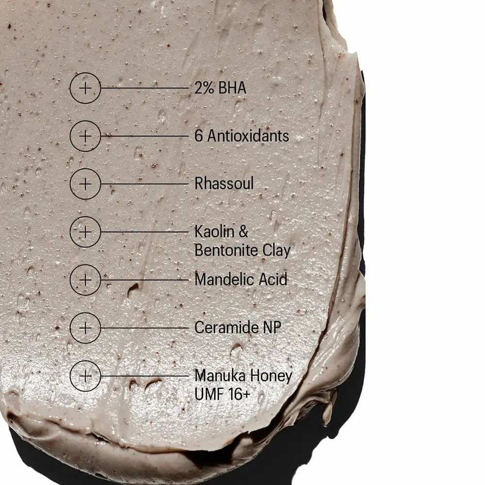 Nahaufnahme einer grauen Maske. Text: 2% BHA, 6 Antioxidantien, Rhassoul, Kaolin & Bentonit-Ton, Mandelsäure, Ceramid NP, Manuka-Honig.
