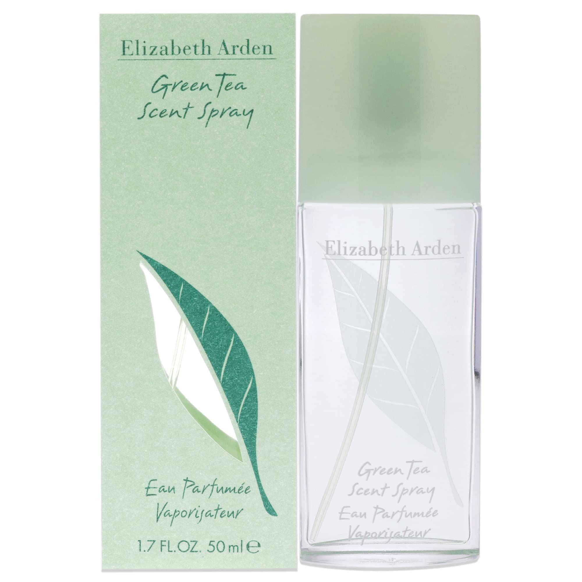 Grüne Schachtel und Flakon. Aufschrift: Elizabeth Arden, Green Tea Scent Spray, Eau Parfumée Vaporisateur. Blatt-Design. 1.7 FL.OZ. 50ml.